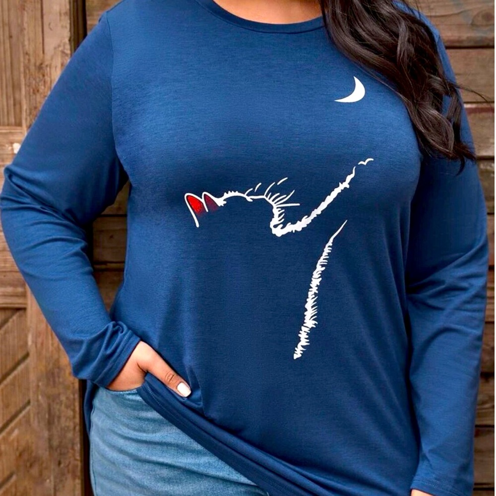Blue Cat And Moon Long Sleeve Shirt